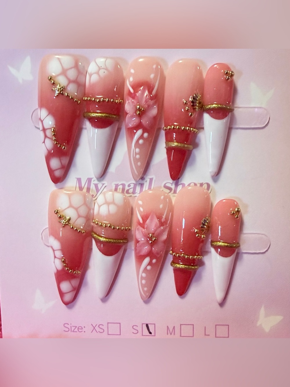 Pink Ombre Floral Rhinestone Press-On Nails